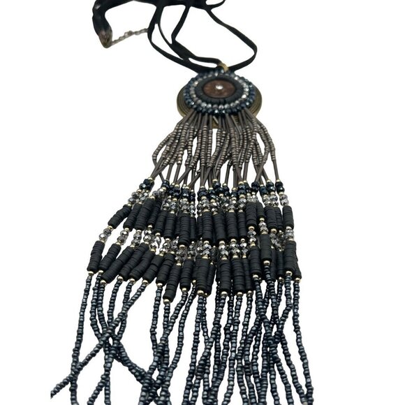 Boho Chic Beaded Necklace & Bracelet Set Statement Jewelry Black & Silver - Picture 6 of 7